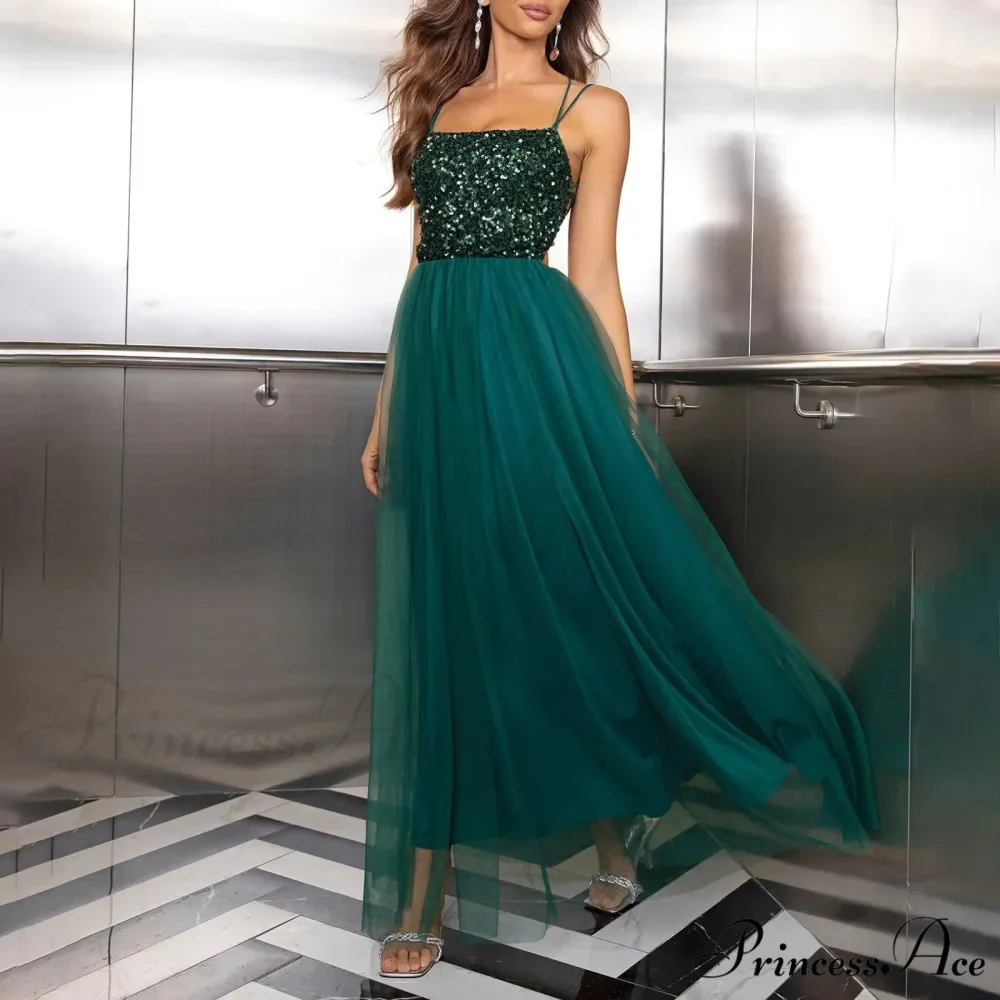 Mesh Sequin Party Spaghetti Strap Split Long A-Line Elegant Sleeveless Evening Wedding Dress - Image 5