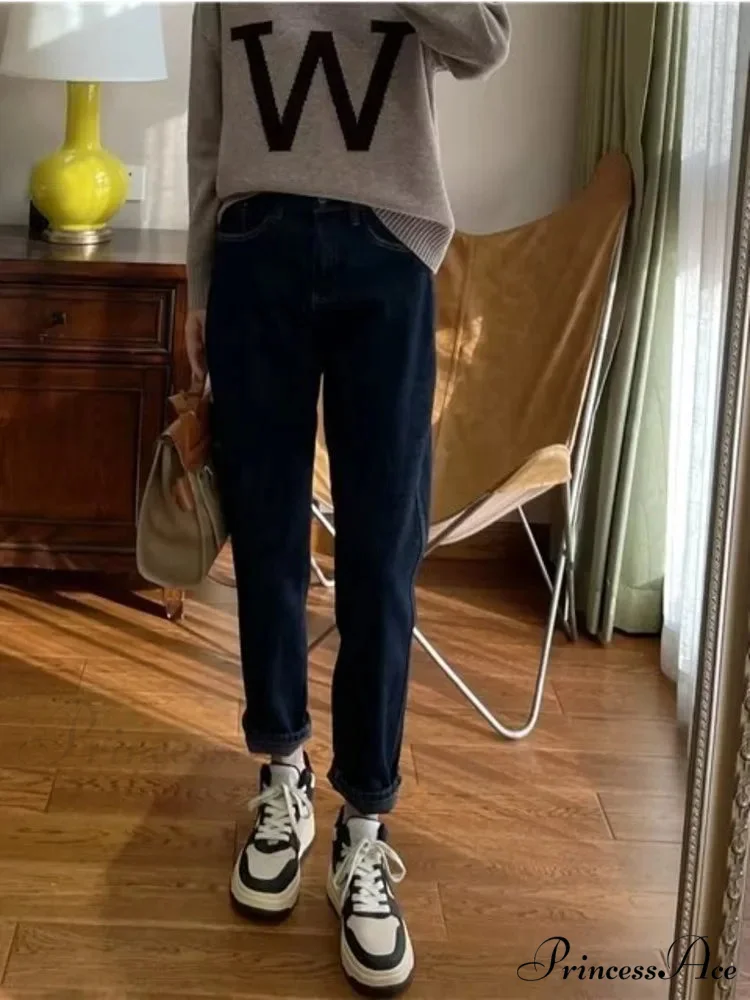 Plush Loose High-Waisted Slim Straight New Autumn Leg Fashion Jean - Image 2