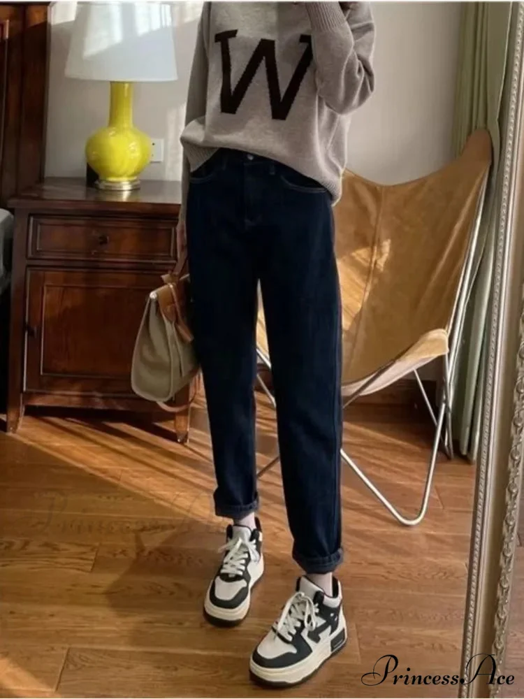 Plush Loose High-Waisted Slim Straight New Autumn Leg Fashion Jean - Image 3