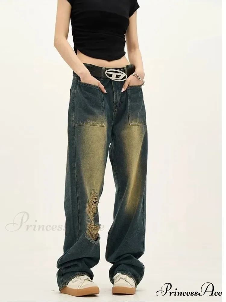 High Street Trendy Brand Summer Retro Straight Tube Floor Sweeping Denim Jean - Image 4