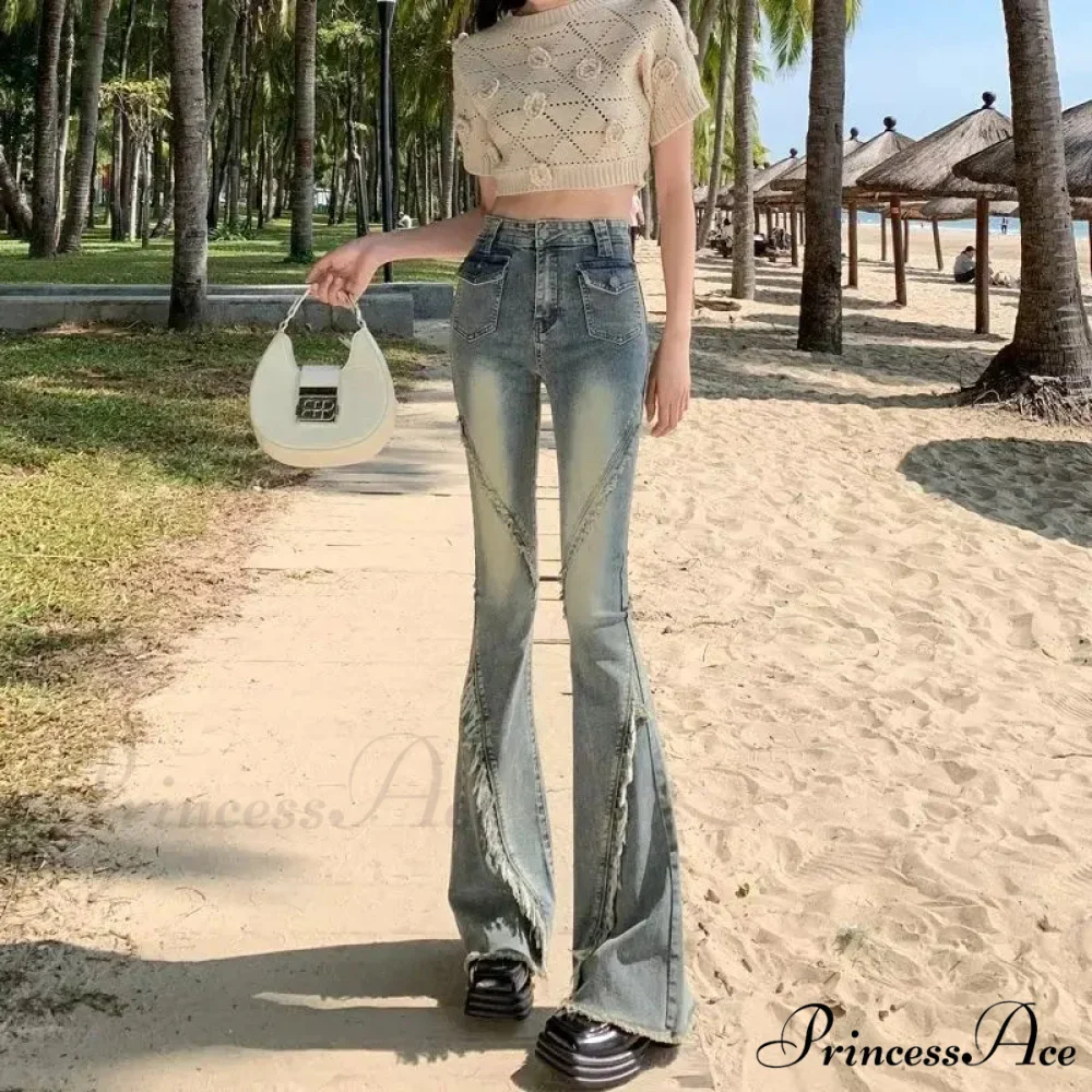 Minimalist Literary Versatile Japanese Dark Micro Flared High Waisted Fashion Jean - Image 2