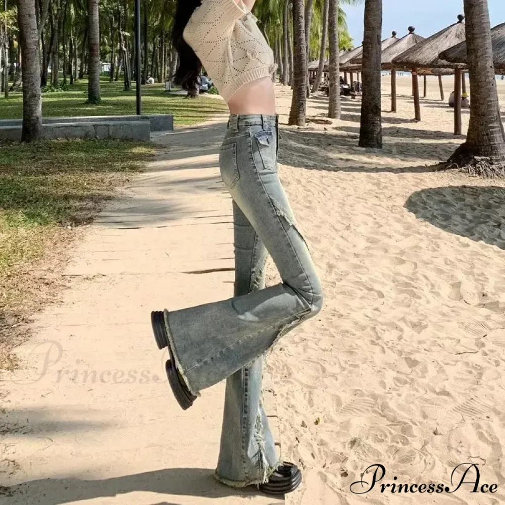 Minimalist Literary Versatile Japanese Dark Micro Flared High Waisted Fashion Jean - Image 4