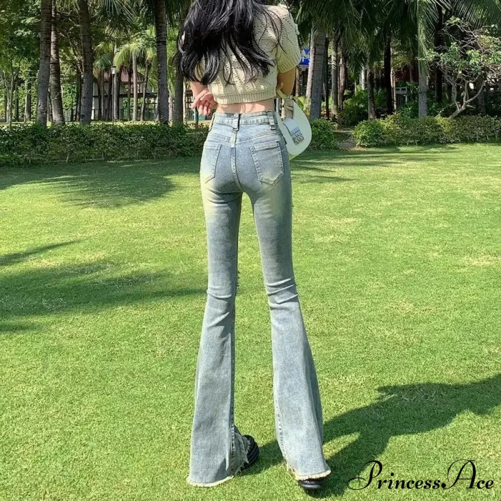 Minimalist Literary Versatile Japanese Dark Micro Flared High Waisted Fashion Jean - Image 6