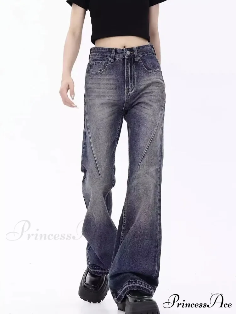 Retro Blue Slim Fit Micro Flare Spring And Autumn Loose Spliced Lines Drop Feel Trendy Jean - Image 2