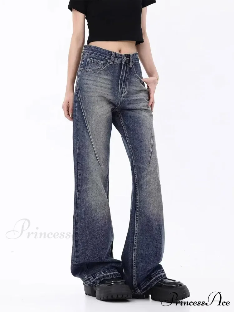 Retro Blue Slim Fit Micro Flare Spring And Autumn Loose Spliced Lines Drop Feel Trendy Jean - Image 3