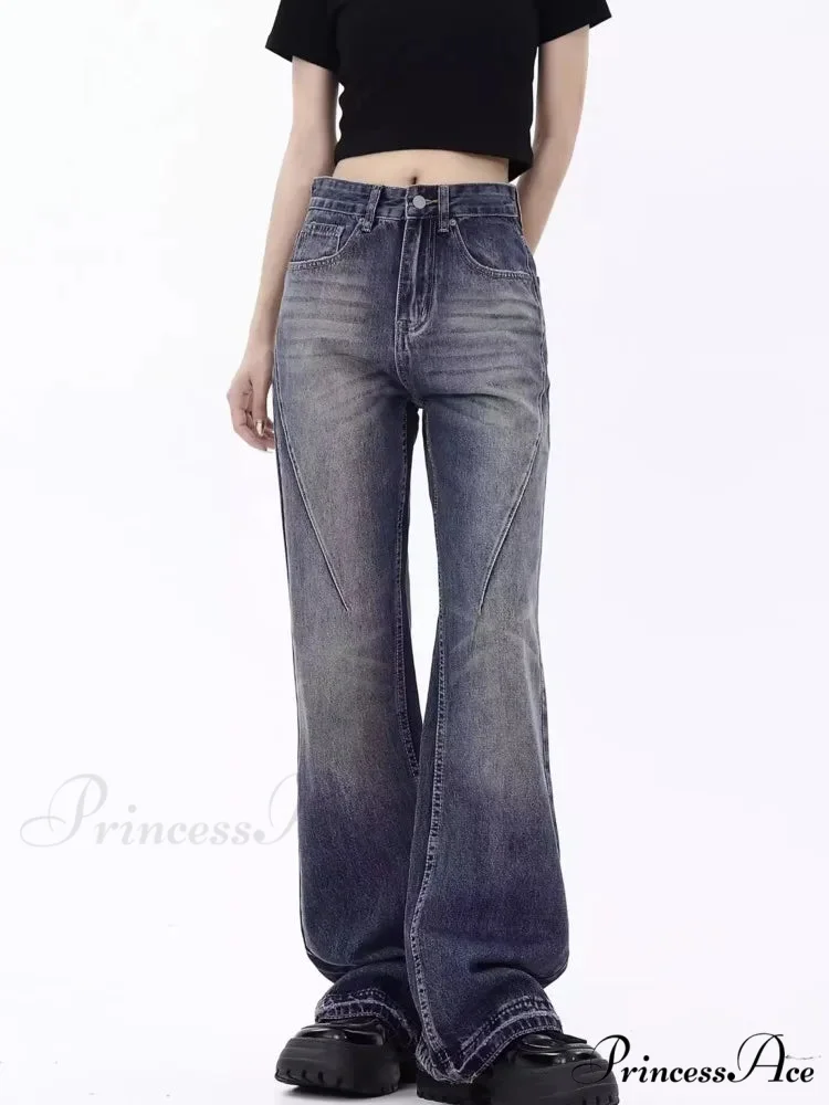 Retro Blue Slim Fit Micro Flare Spring And Autumn Loose Spliced Lines Drop Feel Trendy Jean - Image 4