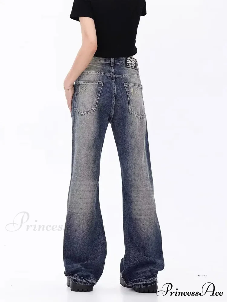 Retro Blue Slim Fit Micro Flare Spring And Autumn Loose Spliced Lines Drop Feel Trendy Jean - Image 5