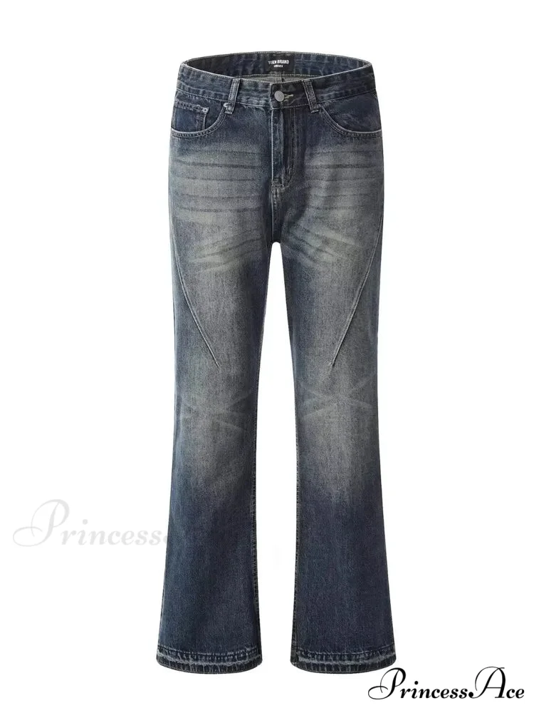 Retro Blue Slim Fit Micro Flare Spring And Autumn Loose Spliced Lines Drop Feel Trendy Jean - Image 6