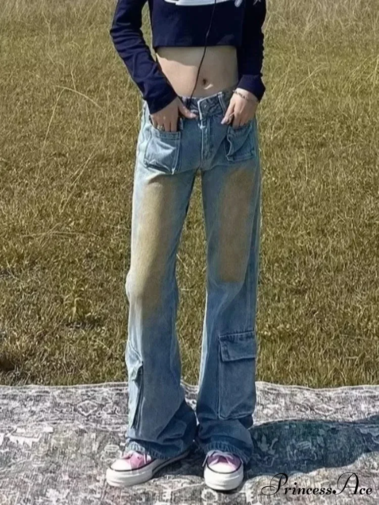 Retro Blue Slim Fit Micro Flare Spring And Autumn Loose Spliced Lines Drop Feel Trendy Jean - Image 7
