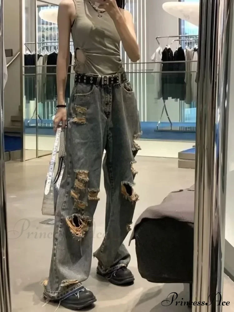 Distressed Trendy Brand Washed Vintage Versatile Trendy Wide Leg Design Inset Jean - Image 2