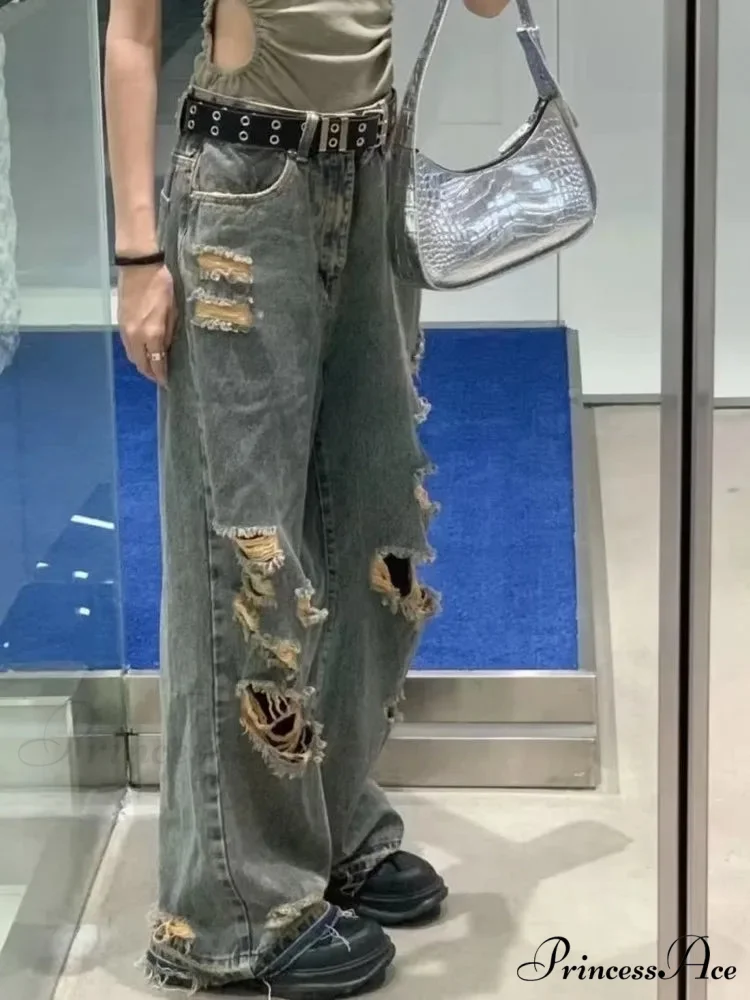 Distressed Trendy Brand Washed Vintage Versatile Trendy Wide Leg Design Inset Jean - Image 3