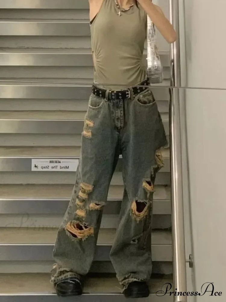 Distressed Trendy Brand Washed Vintage Versatile Trendy Wide Leg Design Inset Jean - Image 4