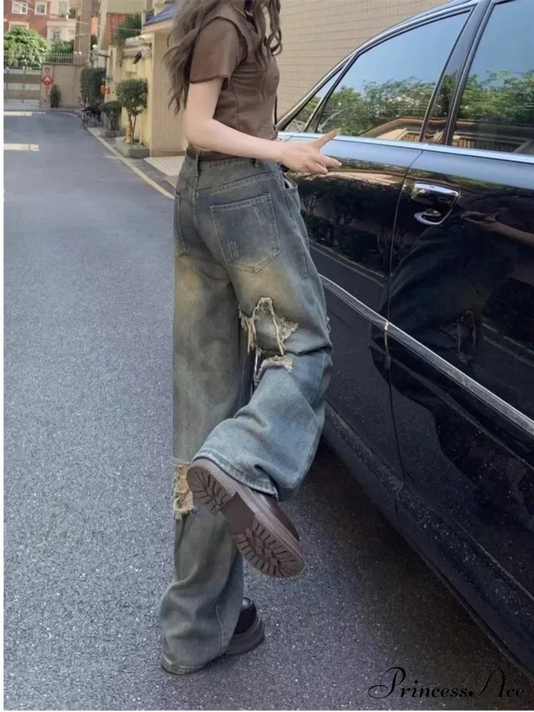 Perforated Summer Loose Straight Leg Niche Stitching Old Beggar Fashion Jean - Image 2