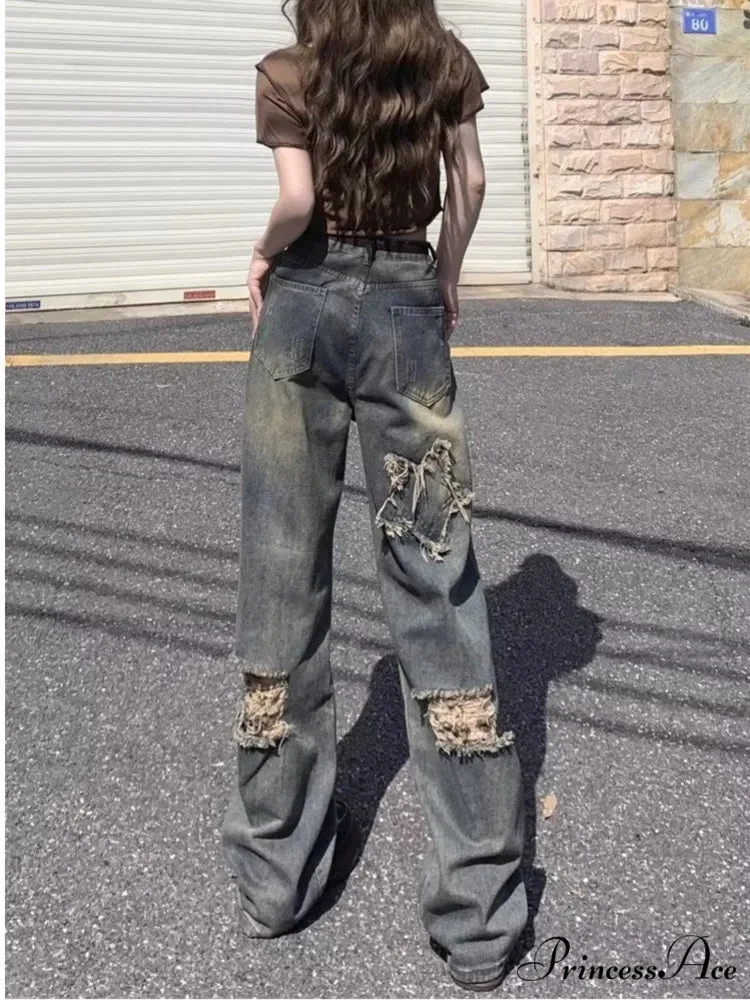 Perforated Summer Loose Straight Leg Niche Stitching Old Beggar Fashion Jean - Image 3