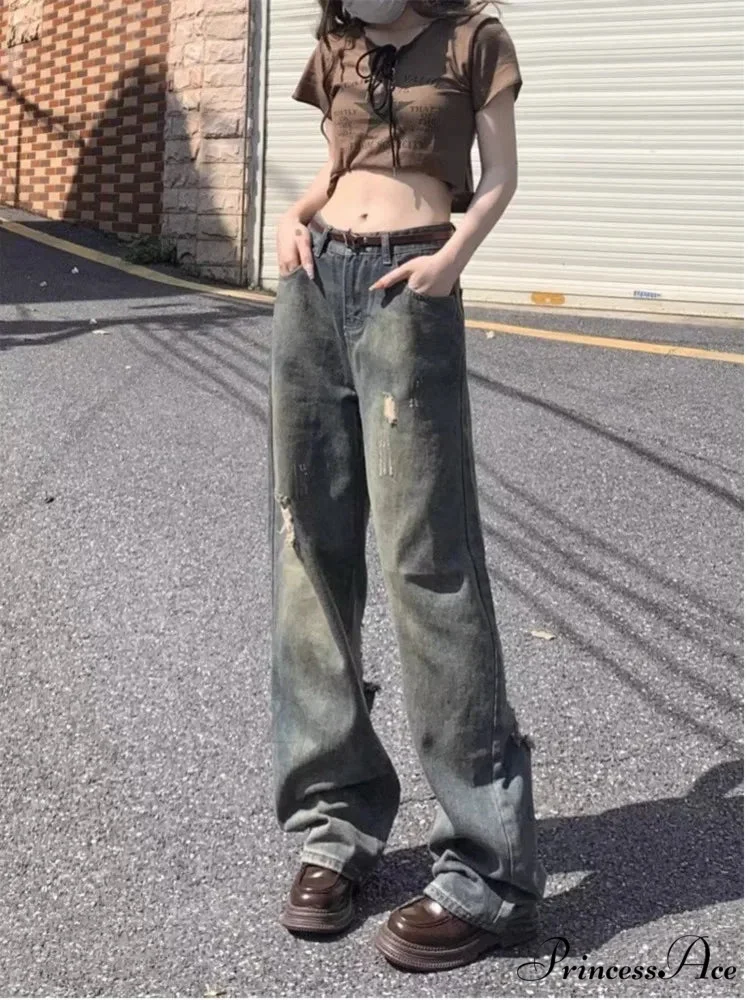 Perforated Summer Loose Straight Leg Niche Stitching Old Beggar Fashion Jean - Image 4