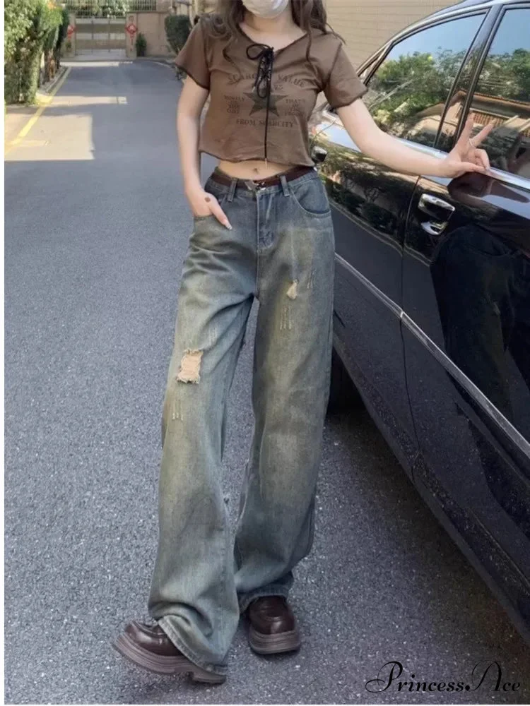 Perforated Summer Loose Straight Leg Niche Stitching Old Beggar Fashion Jean - Image 5