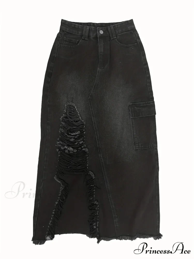 Black Flap Pockets Denim Midi Skirt Raw Hem Distressed Washed Cargo Denim Skirt Jean - Image 4