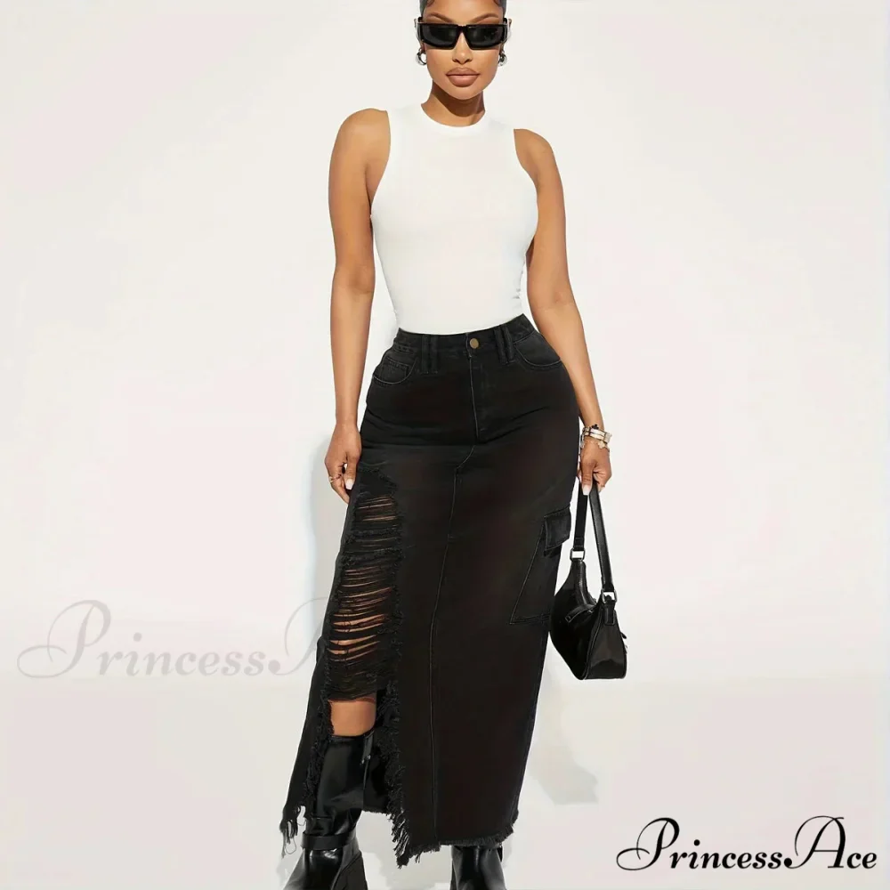 Black Flap Pockets Denim Midi Skirt Raw Hem Distressed Washed Cargo Denim Skirt Jean - Image 5