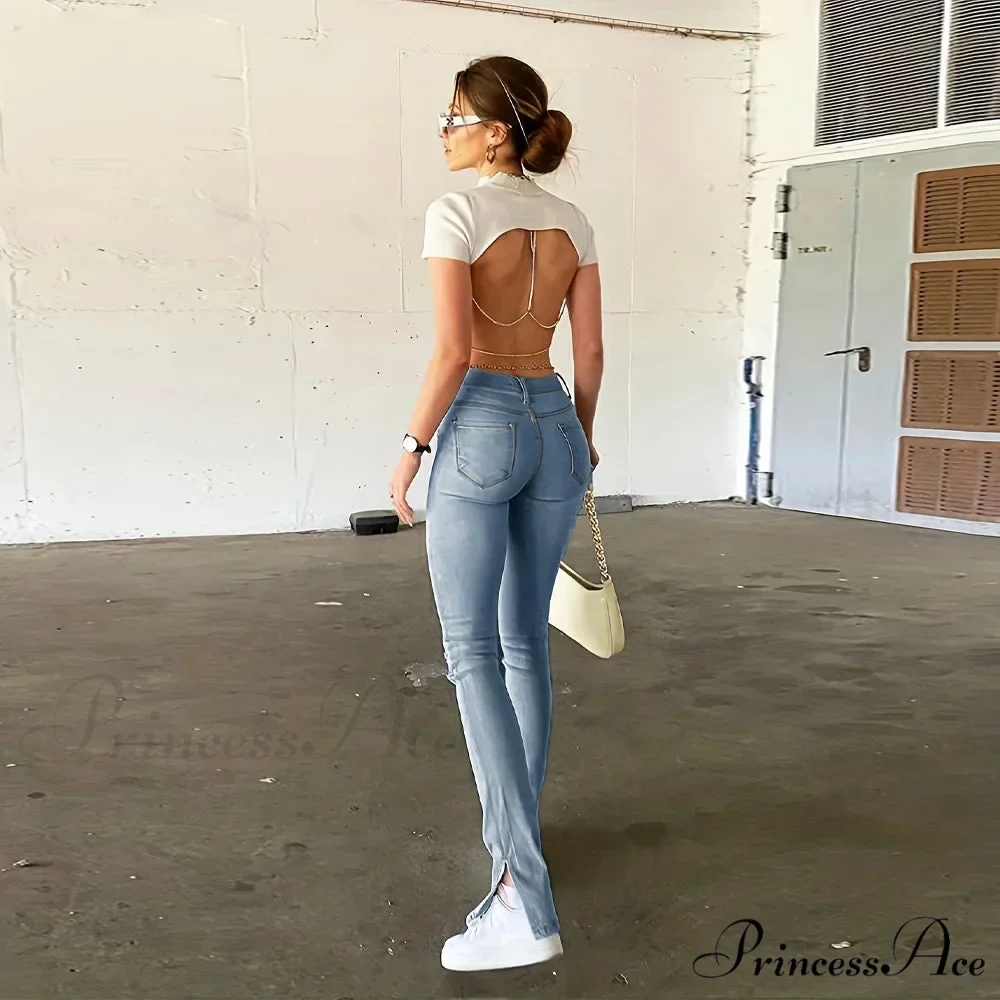 Perforated slim fit leg slit denim Jean - Image 5
