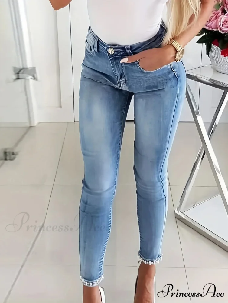 Women's Blue High-Stretch Skinny with Faux Pearl Decor and Slim Fit - Stylish and Comfortable Denim Jean - Image 2