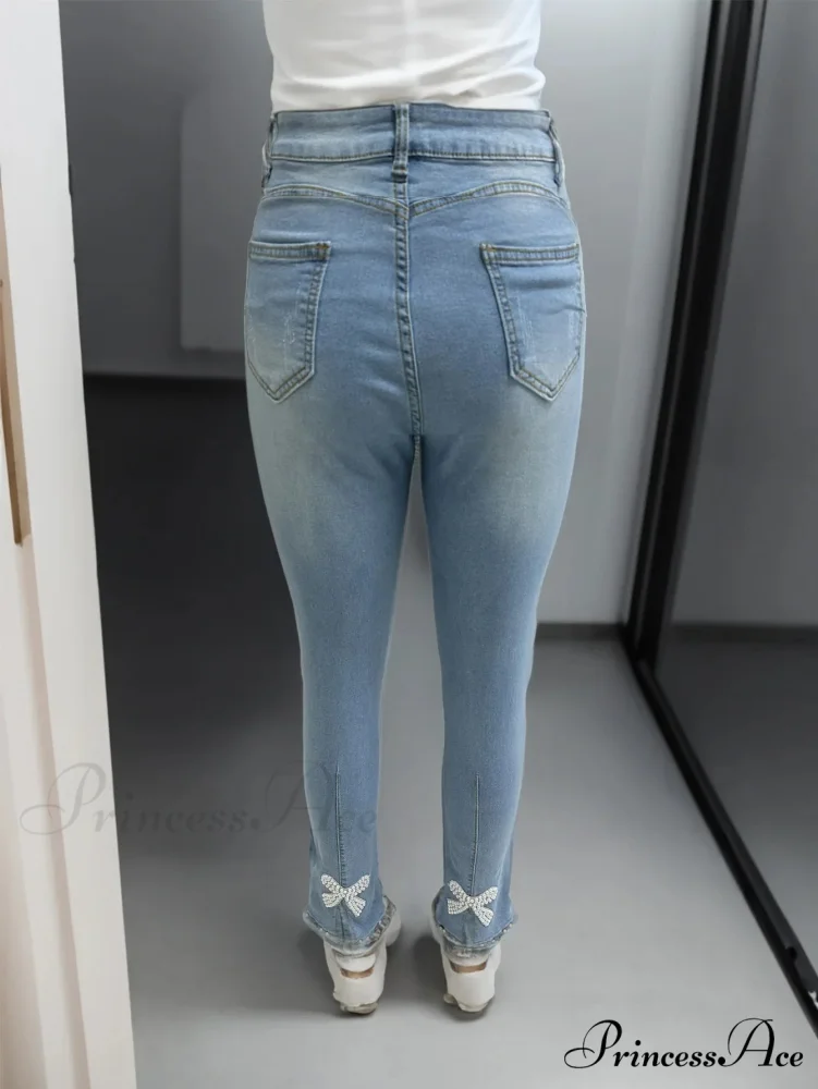 Women's Blue High-Stretch Skinny with Faux Pearl Decor and Slim Fit - Stylish and Comfortable Denim Jean - Image 5