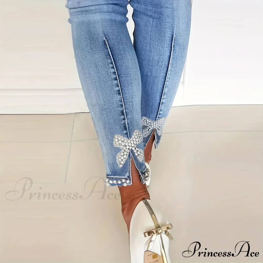Women's Blue High-Stretch Skinny with Faux Pearl Decor and Slim Fit - Stylish and Comfortable Denim Jean - Image 6
