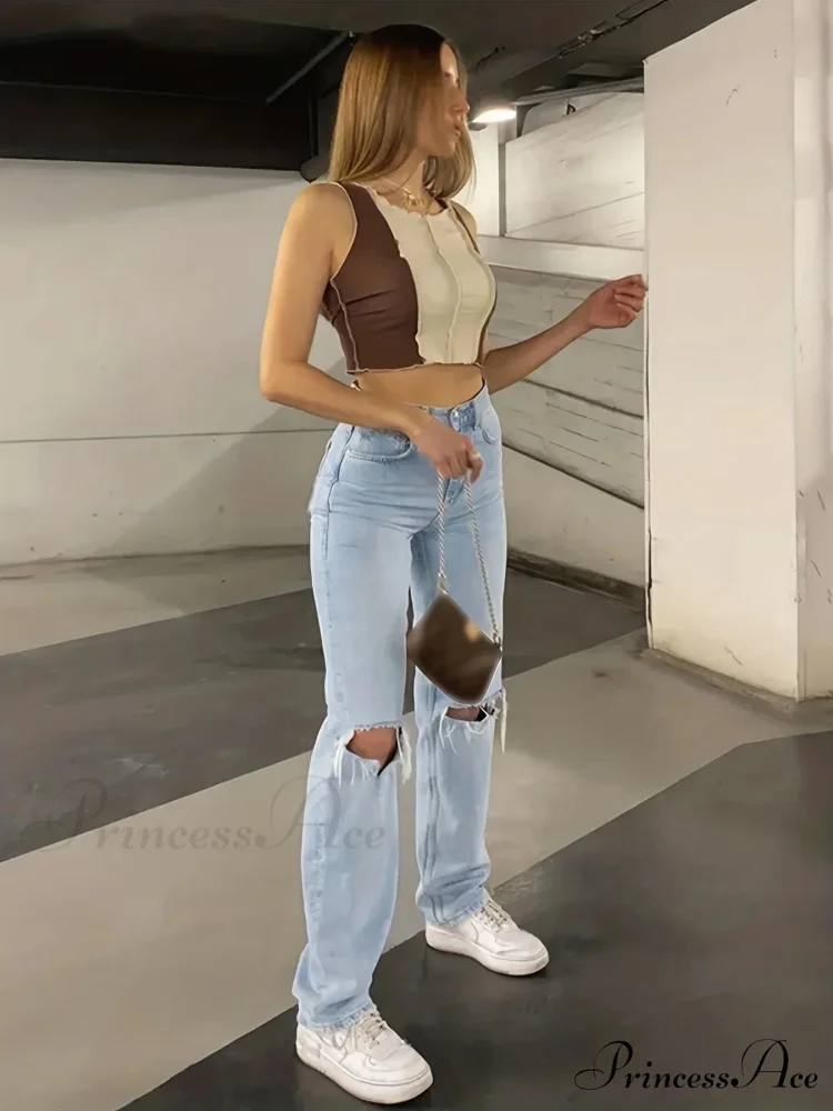 Blue Ripped Holes Straight Loose Fit Slant Pockets Non-Stretch Casual Denim Jean - Image 2
