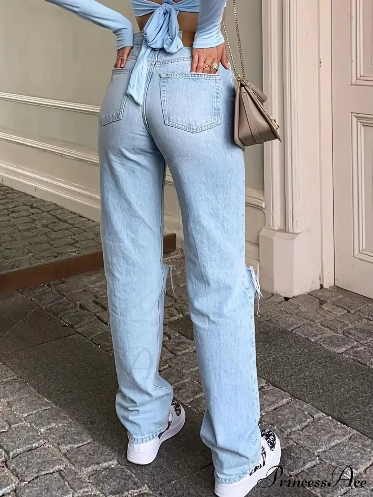 Blue Ripped Holes Straight Loose Fit Slant Pockets Non-Stretch Casual Denim Jean - Image 5