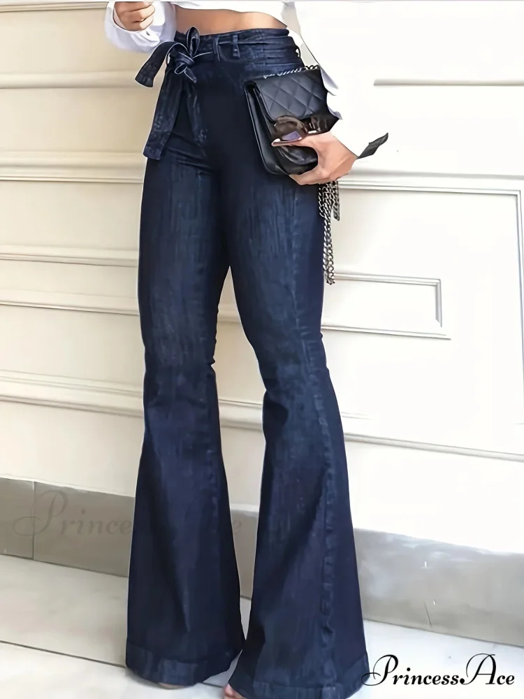 Navy Blue Flared Autumn High-Stretch With Waistband Bell Bottom Wide Legs Denim Jean - Image 2