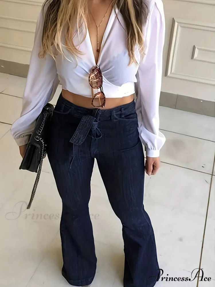 Navy Blue Flared Autumn High-Stretch With Waistband Bell Bottom Wide Legs Denim Jean - Image 4