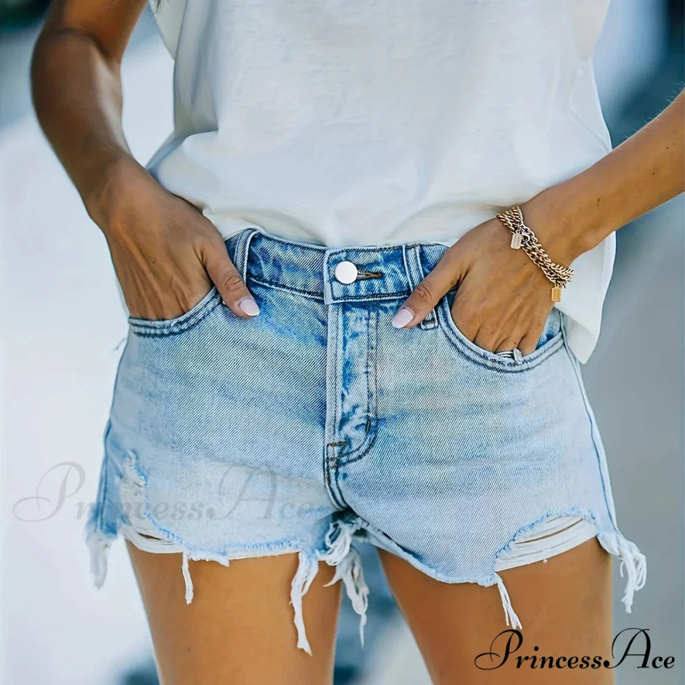 Plain Frayed Trim Denim Shorts Fringe Hem Slant Pockets Casual Short Denim Jean - Image 6