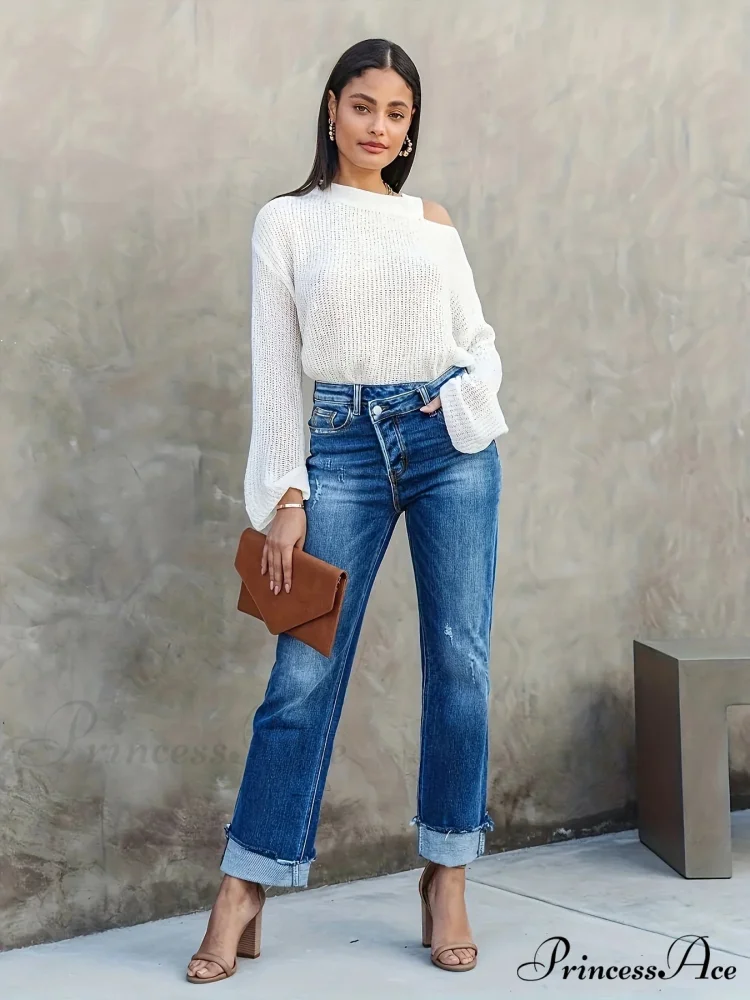 Asymmetrical Waist Casual Straight Loose Fit Rolled Hem Denim Jean - Image 2