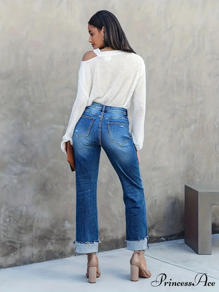 Asymmetrical Waist Casual Straight Loose Fit Rolled Hem Denim Jean - Image 3