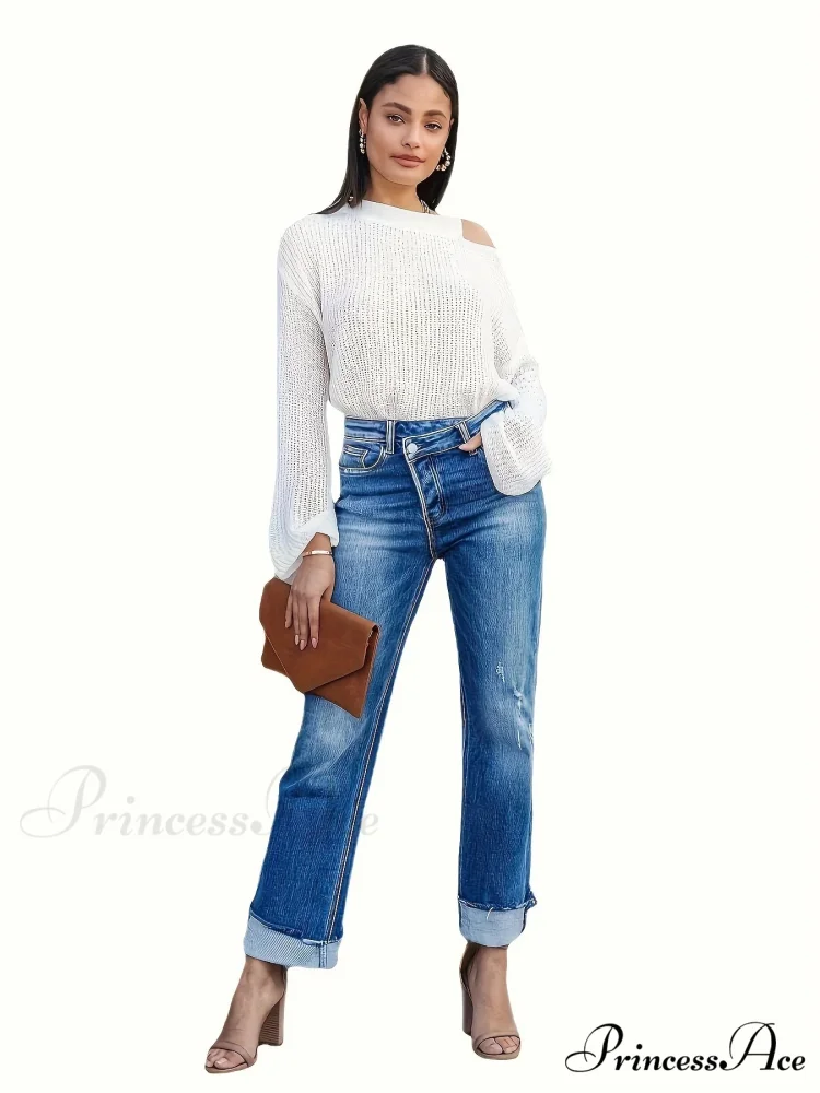 Asymmetrical Waist Casual Straight Loose Fit Rolled Hem Denim Jean - Image 4