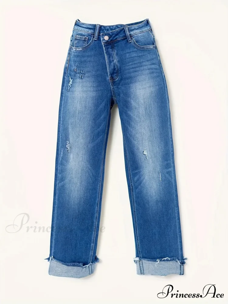 Asymmetrical Waist Casual Straight Loose Fit Rolled Hem Denim Jean - Image 5