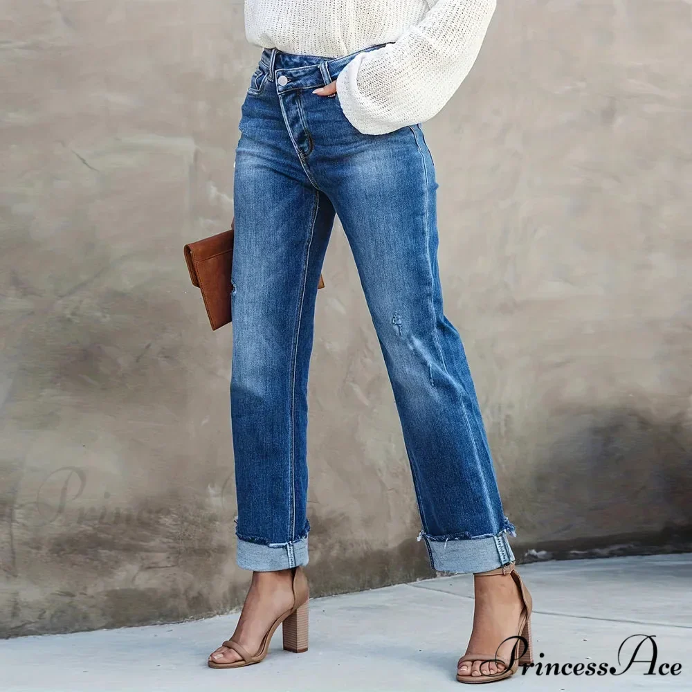 Asymmetrical Waist Casual Straight Loose Fit Rolled Hem Denim Jean - Image 6
