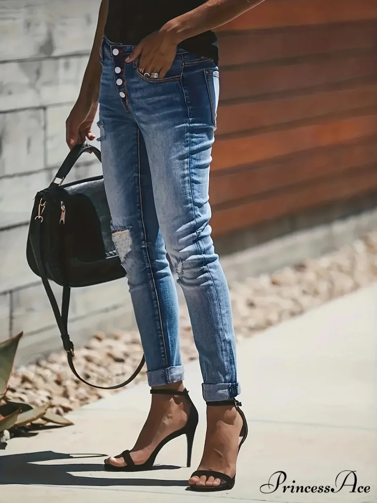 Blue Ripped Holes Denim Slim Fit Single-Breasted Button High-Stretch Casual Denim Jean - Image 2