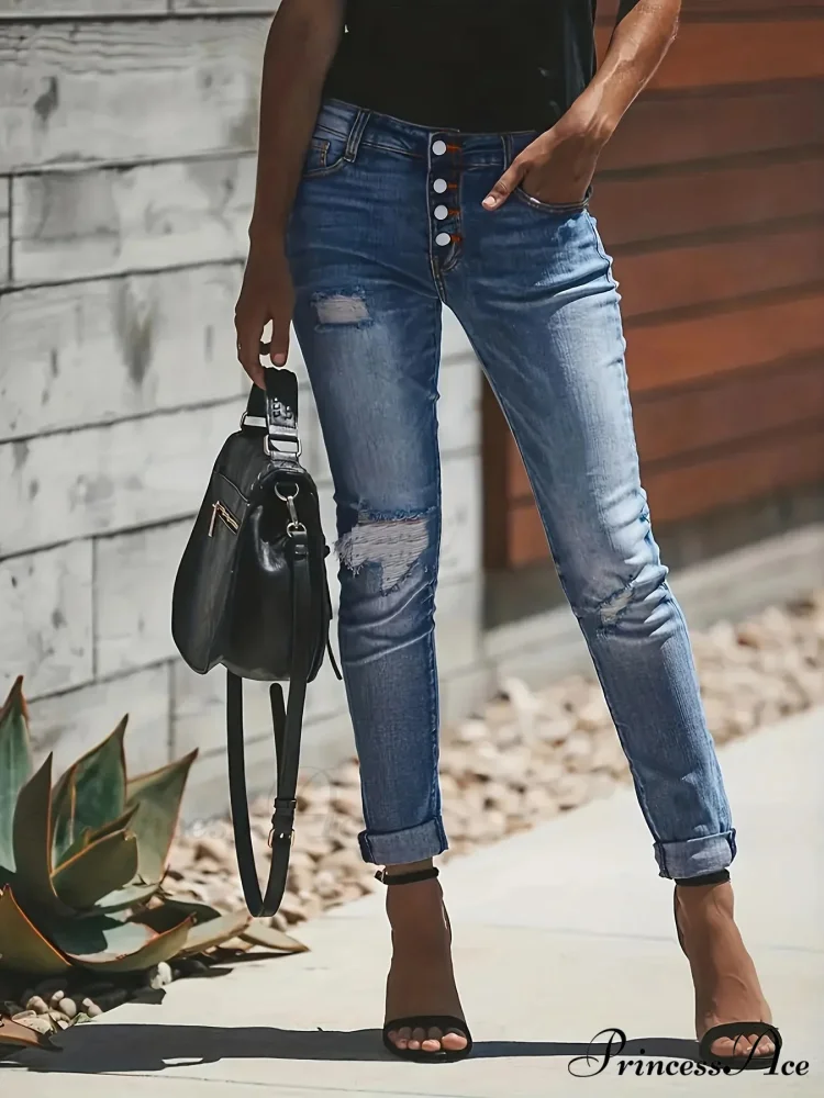 Blue Ripped Holes Denim Slim Fit Single-Breasted Button High-Stretch Casual Denim Jean - Image 4