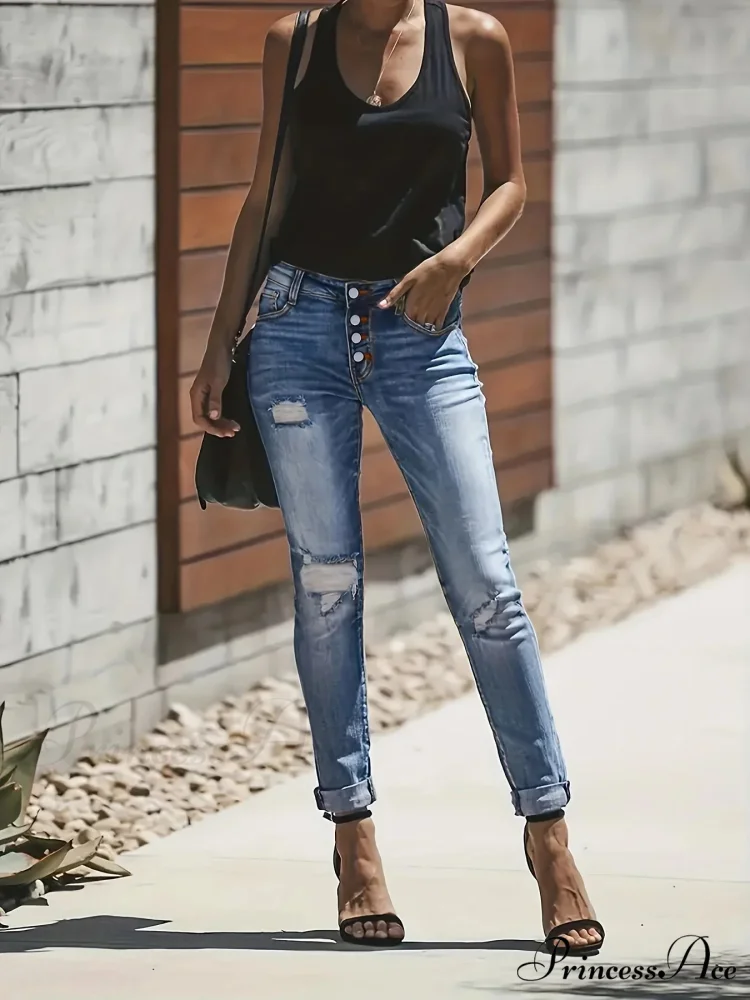 Blue Ripped Holes Denim Slim Fit Single-Breasted Button High-Stretch Casual Denim Jean - Image 5
