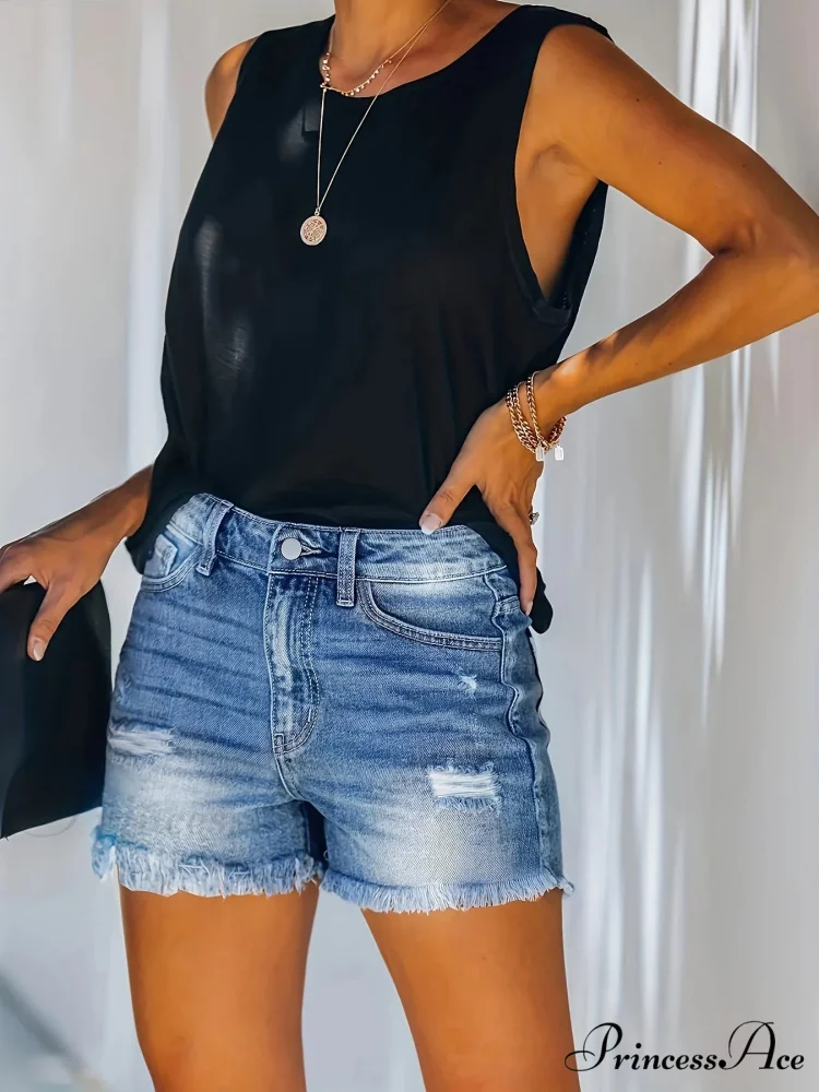 Blue Frayed Hem Denim Shorts Ripped Holes Slash Pockets Short Denim Jean - Image 2
