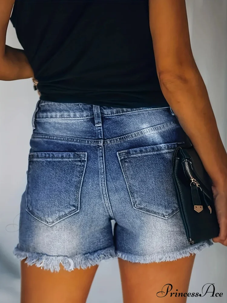 Blue Frayed Hem Denim Shorts Ripped Holes Slash Pockets Short Denim Jean - Image 3