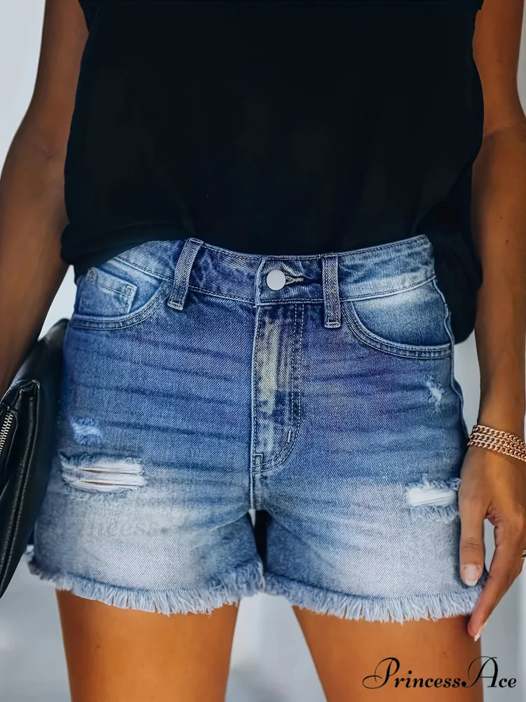 Blue Frayed Hem Denim Shorts Ripped Holes Slash Pockets Short Denim Jean - Image 5