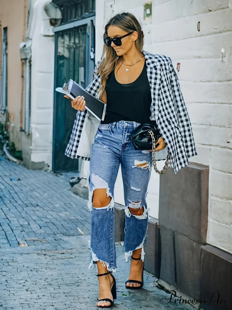 Ripped Holes Washed Straight Slant Pockets Distressed Frayed Hem Denim Jean - Image 2