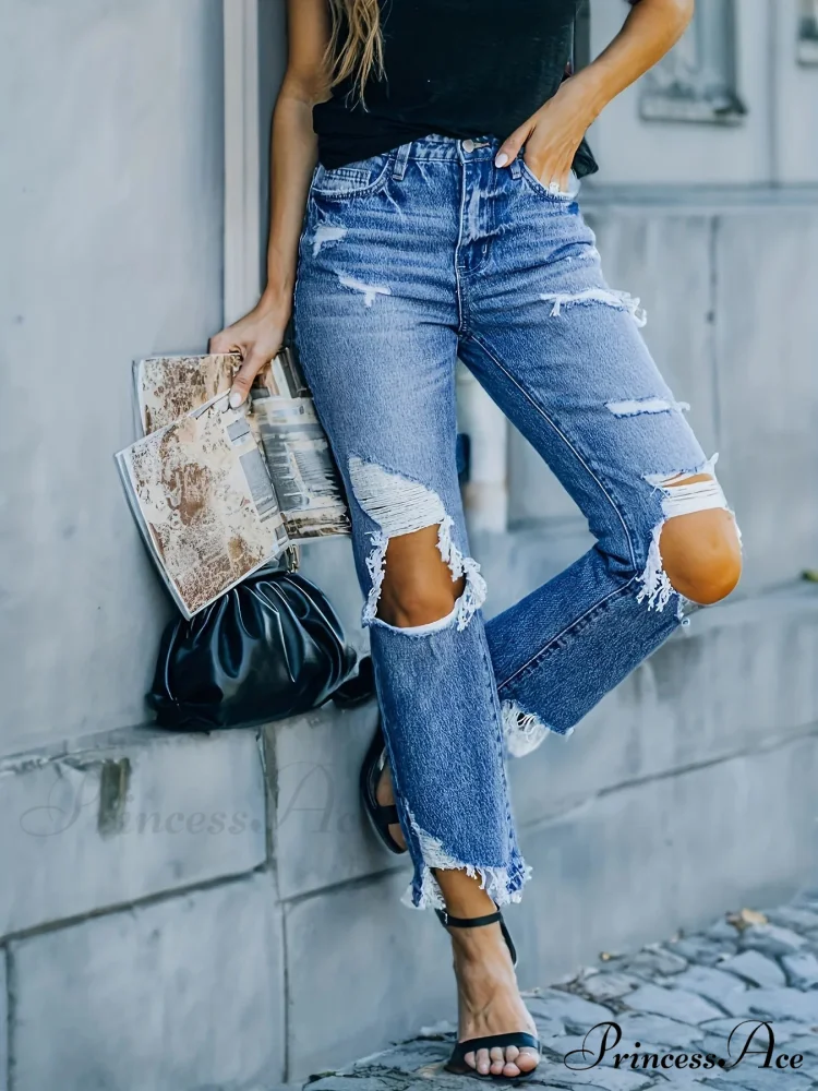 Ripped Holes Washed Straight Slant Pockets Distressed Frayed Hem Denim Jean - Image 3
