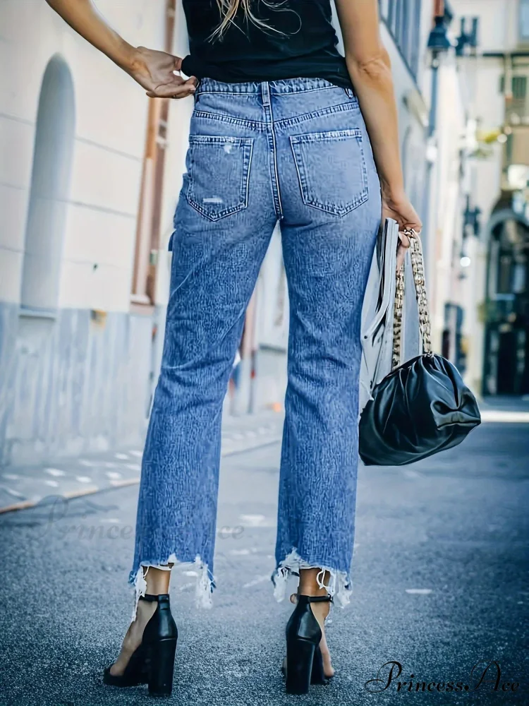 Ripped Holes Washed Straight Slant Pockets Distressed Frayed Hem Denim Jean - Image 5