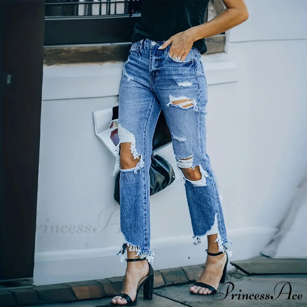 Ripped Holes Washed Straight Slant Pockets Distressed Frayed Hem Denim Jean - Image 6