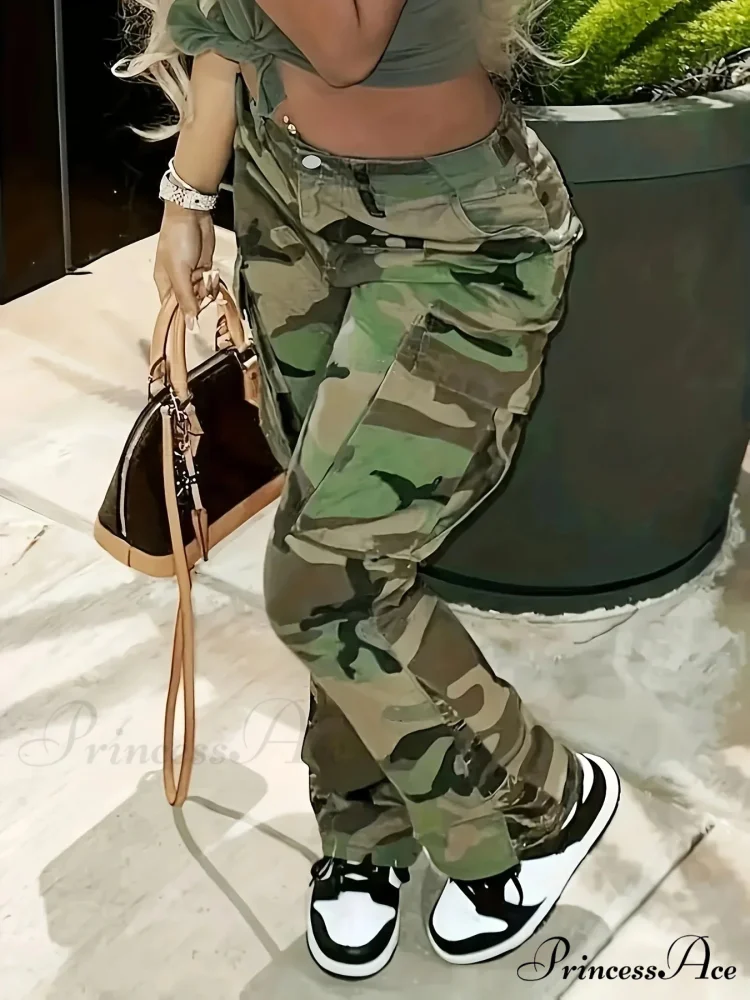 Camo Print Side Flap Pocket Cargo Loose Fit Stretchy Y2K Kpop Denim Women's Denim & Clothing Jean - Image 2
