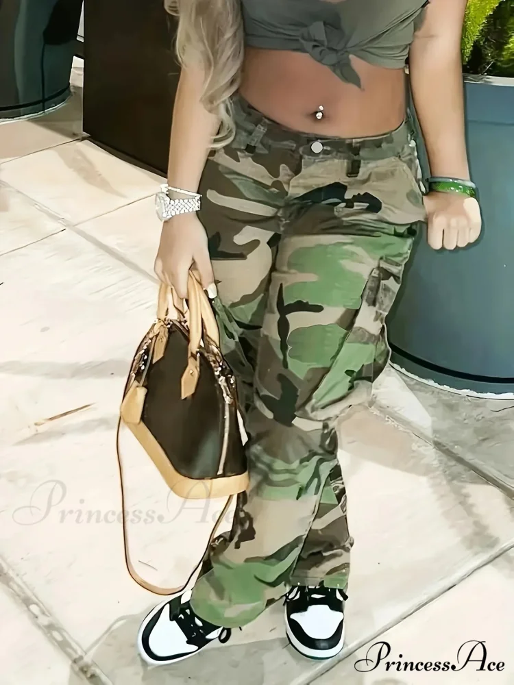 Camo Print Side Flap Pocket Cargo Loose Fit Stretchy Y2K Kpop Denim Women's Denim & Clothing Jean - Image 4