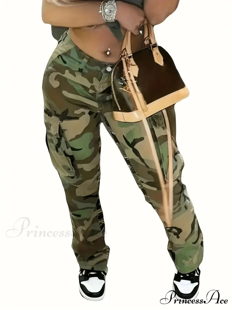 Camo Print Side Flap Pocket Cargo Loose Fit Stretchy Y2K Kpop Denim Women's Denim & Clothing Jean - Image 5