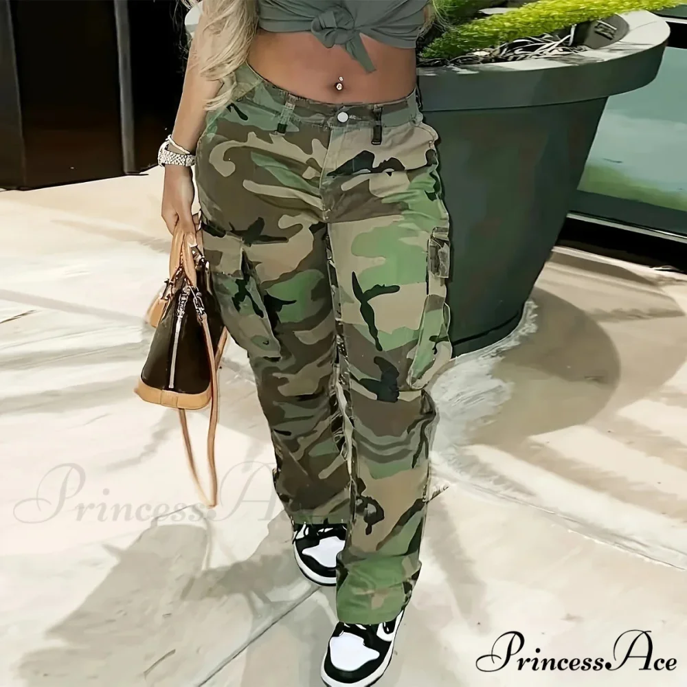 Camo Print Side Flap Pocket Cargo Loose Fit Stretchy Y2K Kpop Denim Women's Denim & Clothing Jean - Image 6